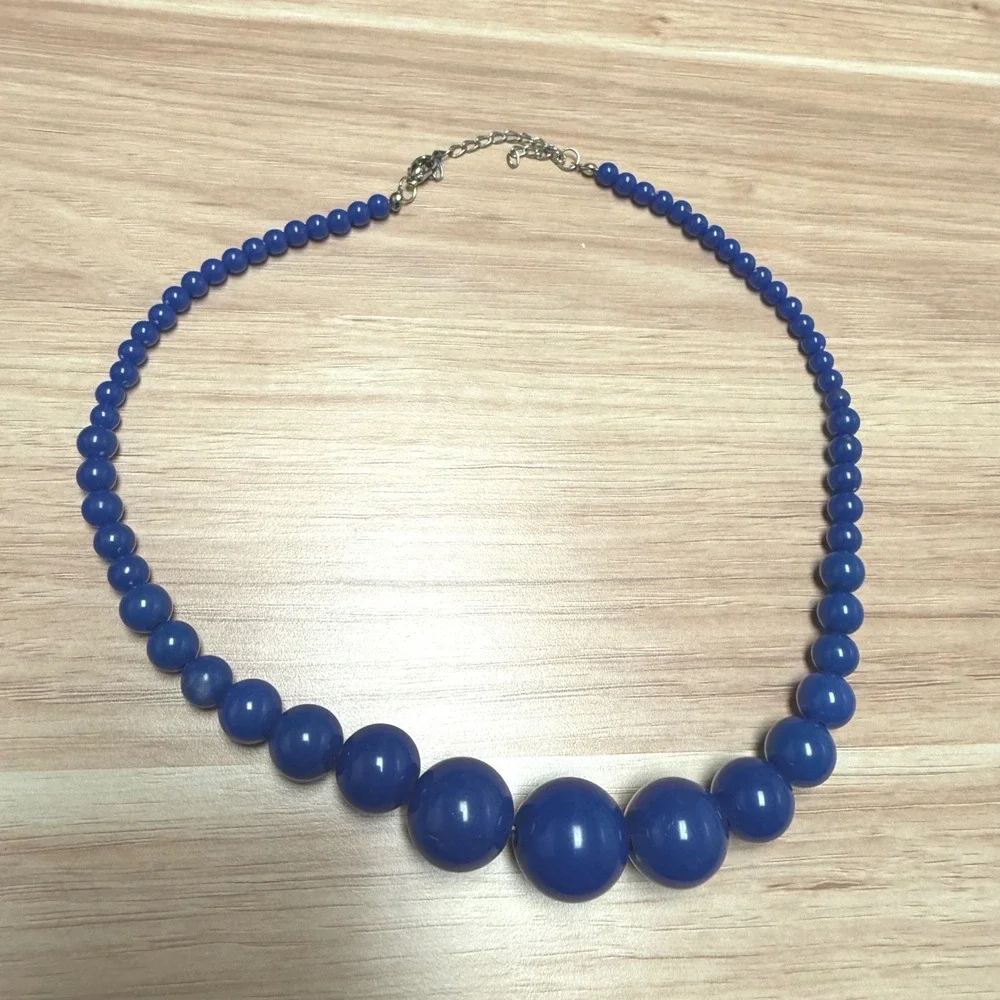 Vintage Style Royal Blue Chunky Graduated Bead Statement Necklace Adjustable